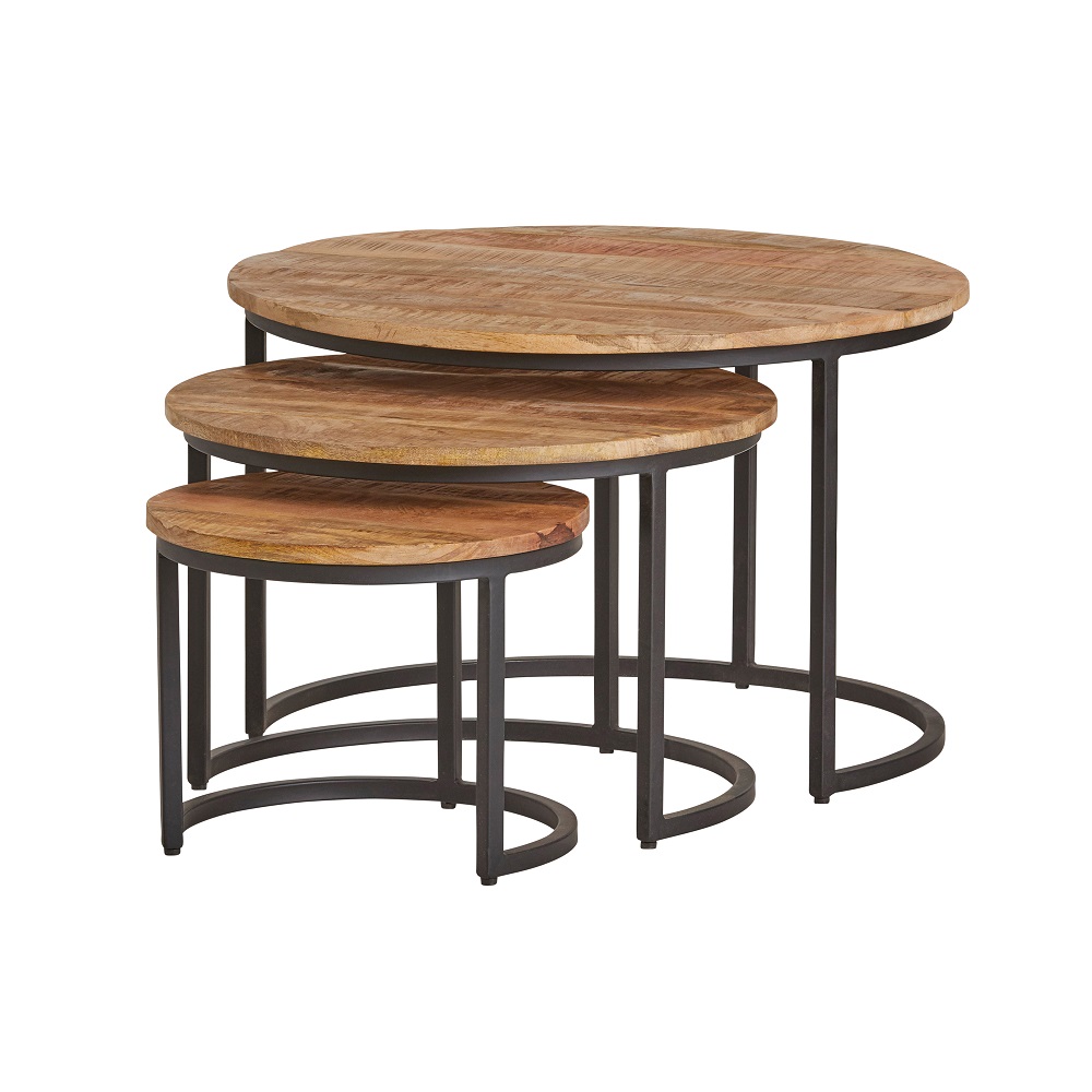 3 delige salontafel set Mango hout met zwart metalen onderstel